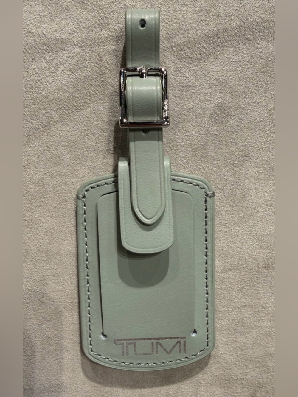 NEW Tumi 3.625” x 2.25” Leather Luggage Name Tag w/ Buckle - MIST GREEN